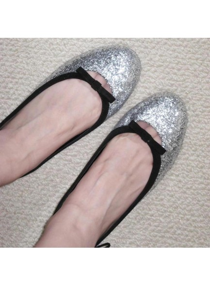 Sliver Glitter Flats for Women Sequins Round Toe Suede Bow Tie Ballerina Shoes Comfortable Dress Dancing Walking Flat Shoes