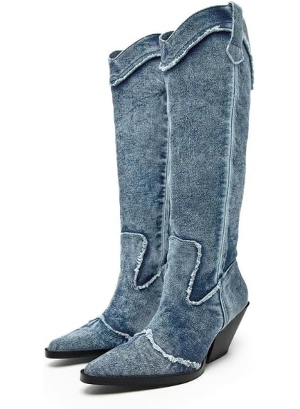 Western Cowboy Boots for Women, Knee High Cowgirl Boots for Women, Mid Height Heel with Pointed Toe