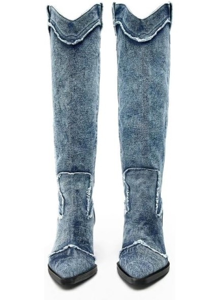 Western Cowboy Boots for Women, Knee High Cowgirl Boots for Women, Mid Height Heel with Pointed Toe