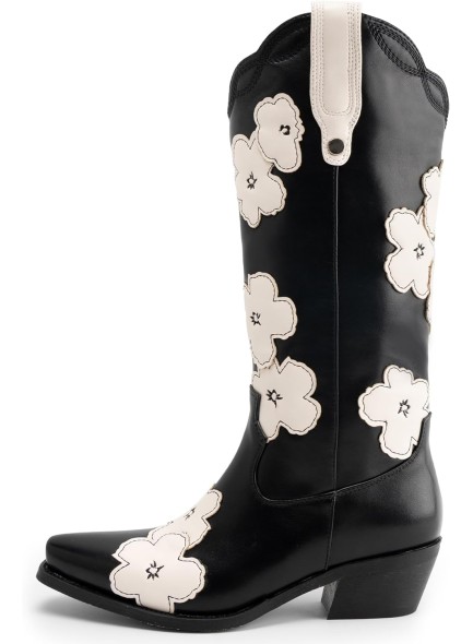 Western Cowboy Boots for Women with Flower, Knee High Cowgirl Boots with Pointed Toe Studded Mid Claf Boots