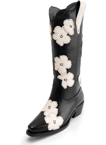 Western Cowboy Boots for Women with Flower, Knee High Cowgirl Boots with Pointed Toe Studded Mid Claf Boots