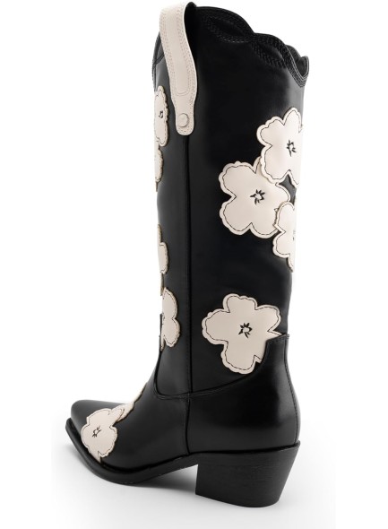 Western Cowboy Boots for Women with Flower, Knee High Cowgirl Boots with Pointed Toe Studded Mid Claf Boots