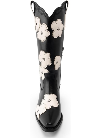 Western Cowboy Boots for Women with Flower, Knee High Cowgirl Boots with Pointed Toe Studded Mid Claf Boots