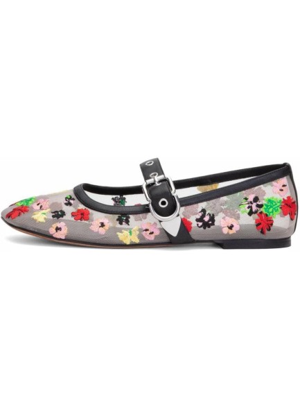 Mesh Flats Floral Embroidey Flat Shoes Round Toe Ankle Buckle Dressy