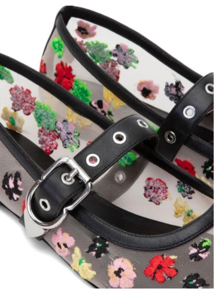 Mesh Flats Floral Embroidey Flat Shoes Round Toe Ankle Buckle Dressy