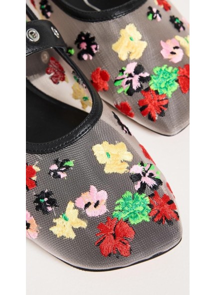 Mesh Flats Floral Embroidey Flat Shoes Round Toe Ankle Buckle Dressy