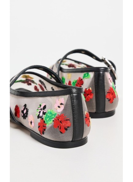 Mesh Flats Floral Embroidey Flat Shoes Round Toe Ankle Buckle Dressy