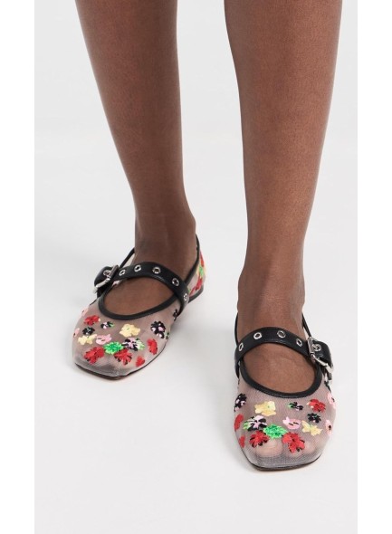 Mesh Flats Floral Embroidey Flat Shoes Round Toe Ankle Buckle Dressy