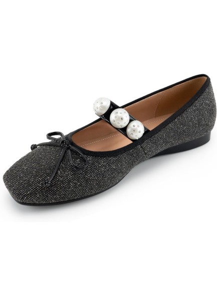 Women's Square Toe Flats Elegant Pearl Strap Bow Tie Detail Glitter Comfort Causal Flat Shoes