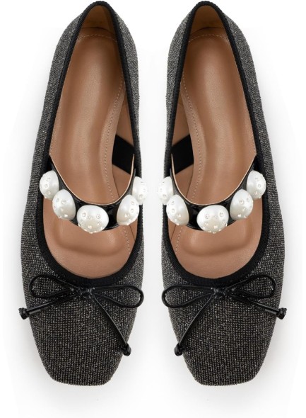 Women's Square Toe Flats Elegant Pearl Strap Bow Tie Detail Glitter Comfort Causal Flat Shoes
