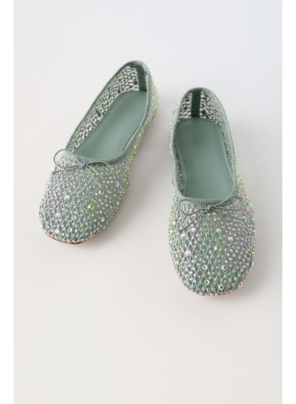 Women's Rhinestone Embellished Mesh Flats Round Toe Pearl Bow Tie Slip On Flat Shoes Elegant Casual Dressy Ballerina Flats