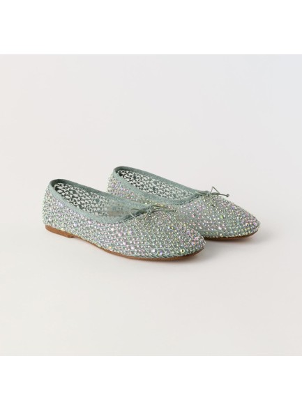 Women's Rhinestone Embellished Mesh Flats Round Toe Pearl Bow Tie Slip On Flat Shoes Elegant Casual Dressy Ballerina Flats