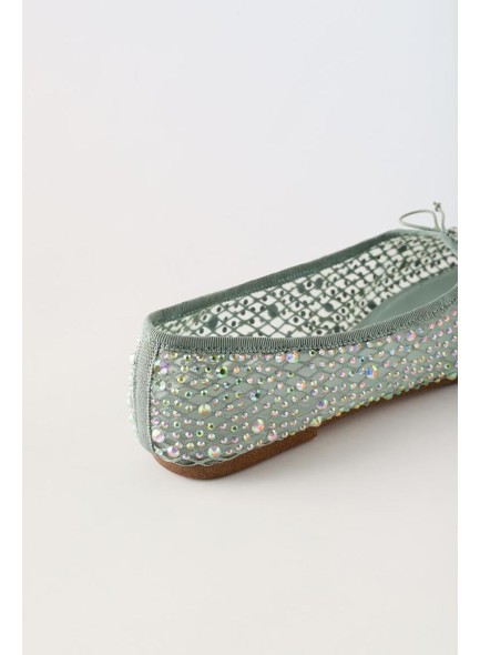 Women's Rhinestone Embellished Mesh Flats Round Toe Pearl Bow Tie Slip On Flat Shoes Elegant Casual Dressy Ballerina Flats