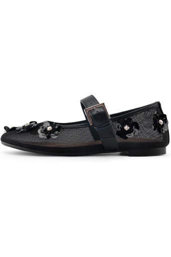 Mesh Flat Floral Embellished Round Toe Ballerina Shoes Sequined Flower Ankle Buckle Casual