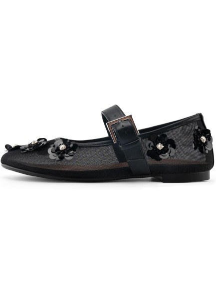 Mesh Flat Floral Embellished Round Toe Ballerina Shoes Sequined Flower Ankle Buckle Casual