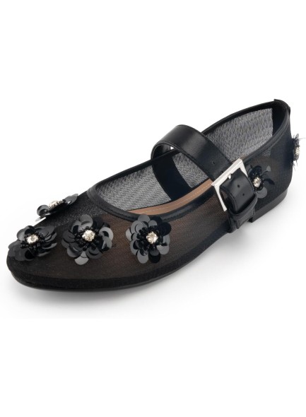 Mesh Flat Floral Embellished Round Toe Ballerina Shoes Sequined Flower Ankle Buckle Casual