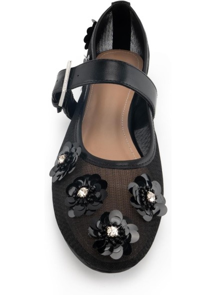 Mesh Flat Floral Embellished Round Toe Ballerina Shoes Sequined Flower Ankle Buckle Casual