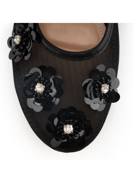 Mesh Flat Floral Embellished Round Toe Ballerina Shoes Sequined Flower Ankle Buckle Casual
