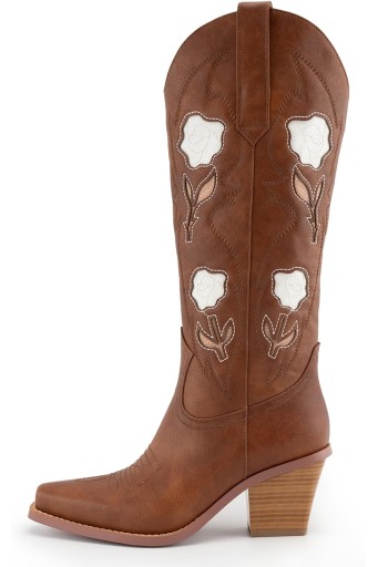 Floral Cowboy Boots for Women, Mid Calf Cowgirl Boots with Pointed Toe, Embroidered Roses with Chunky High Heel 