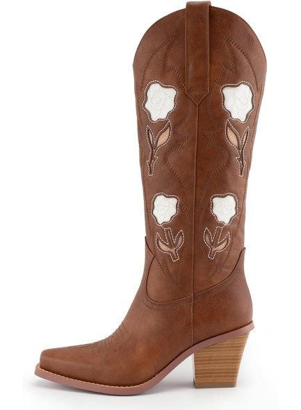 Floral Cowboy Boots for Women, Mid Calf Cowgirl Boots with Pointed Toe, Embroidered Roses with Chunky High Heel