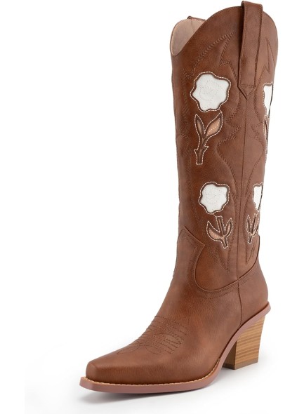 Floral Cowboy Boots for Women, Mid Calf Cowgirl Boots with Pointed Toe, Embroidered Roses with Chunky High Heel