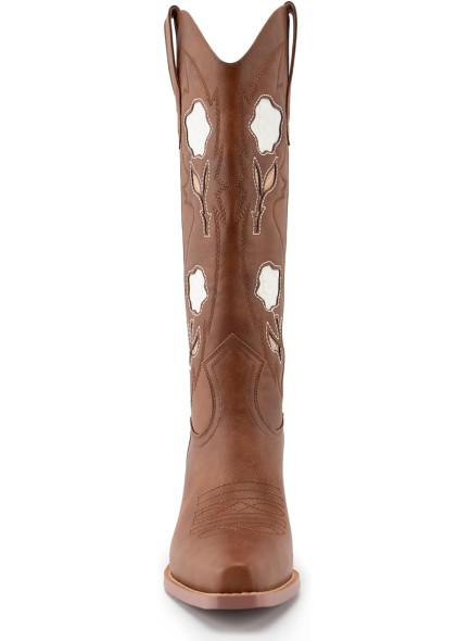 Floral Cowboy Boots for Women, Mid Calf Cowgirl Boots with Pointed Toe, Embroidered Roses with Chunky High Heel