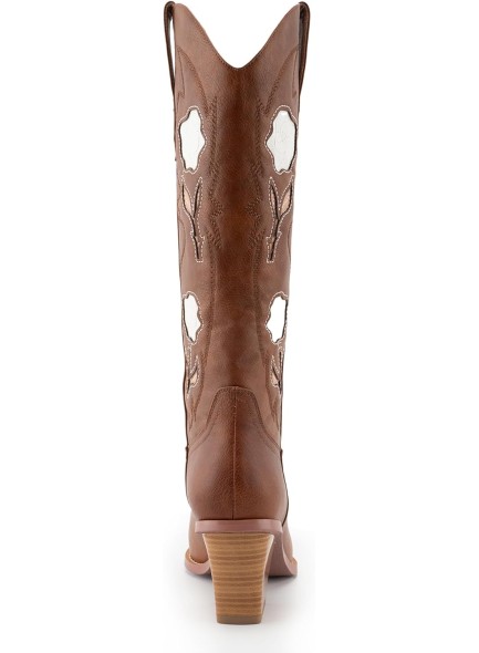 Floral Cowboy Boots for Women, Mid Calf Cowgirl Boots with Pointed Toe, Embroidered Roses with Chunky High Heel