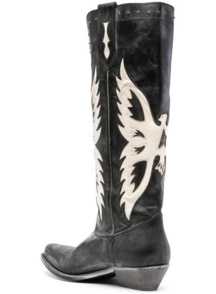 Western Cowboy Boots for Women with Aged Feather Graphic Design, Knee High Cowgirl Boots with Pointed Toe and Chunky High Heel