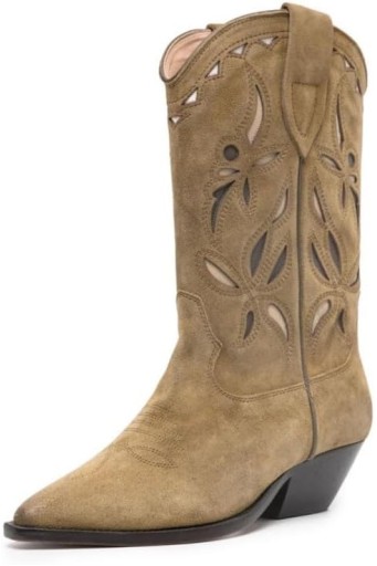 Western Cowboy Boots for Women with Hollow Floral Embroidered, Pointed Toe Openwork Flower with Mid Calf Cowgirl Boots Chunky High Heel 