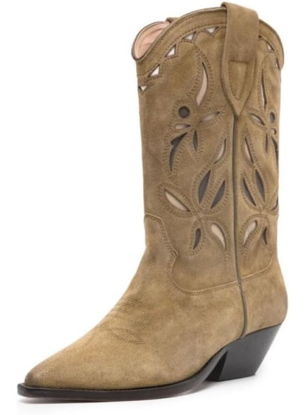 Western Cowboy Boots for Women with Hollow Floral Embroidered, Pointed Toe Openwork Flower with Mid Calf Cowgirl Boots Chunky High Heel