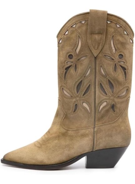 Western Cowboy Boots for Women with Hollow Floral Embroidered, Pointed Toe Openwork Flower with Mid Calf Cowgirl Boots Chunky High Heel