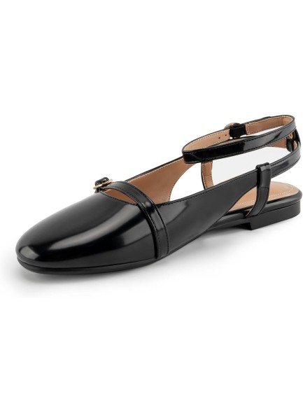 Slingback Flats for Women Round Toe Slingback Heels Pumps Ankle Strap Flats Black Leather Casual Fashion Dress Shoes