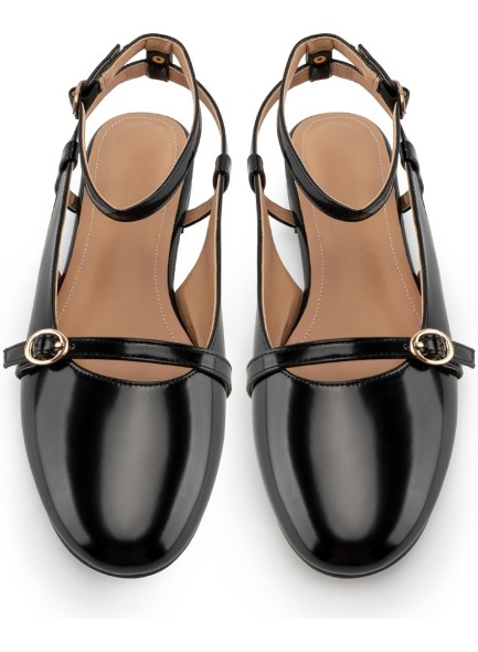 Slingback Flats for Women Round Toe Slingback Heels Pumps Ankle Strap Flats Black Leather Casual Fashion Dress Shoes