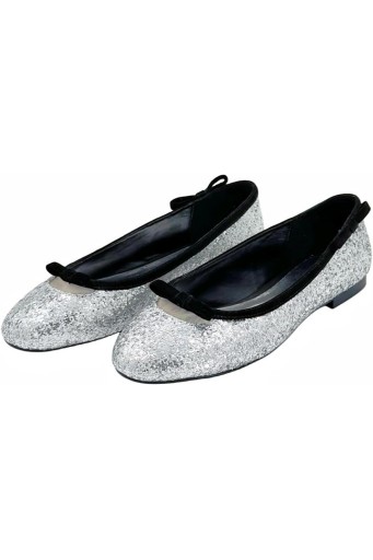 Women Silver Glitter Shoes Sequins Round Toe Bow Tie Flat Ballerina Shoes Sparkle Flats Glitter