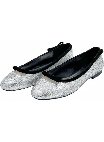 Women Silver Glitter Shoes Sequins Round Toe Bow Tie Flat Ballerina Shoes Sparkle Flats Glitter