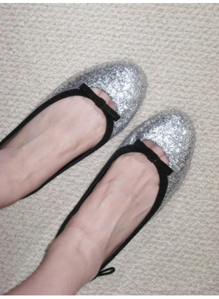 Women Silver Glitter Shoes Sequins Round Toe Bow Tie Flat Ballerina Shoes Sparkle Flats Glitter