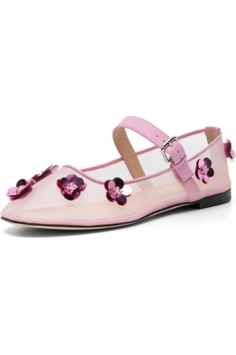 Floral Mesh Flats Embellished Round Toe Ballerina Shoes Sequined Flower Buckle Strap 