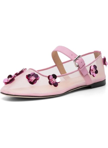 Floral Mesh Flats Embellished Round Toe Ballerina Shoes Sequined Flower Buckle Strap
