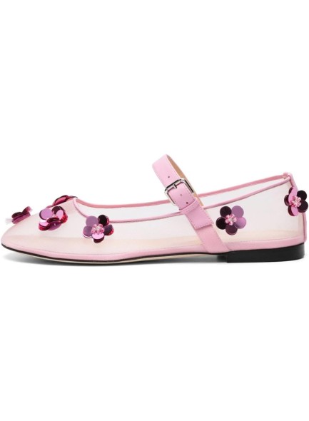 Floral Mesh Flats Embellished Round Toe Ballerina Shoes Sequined Flower Buckle Strap