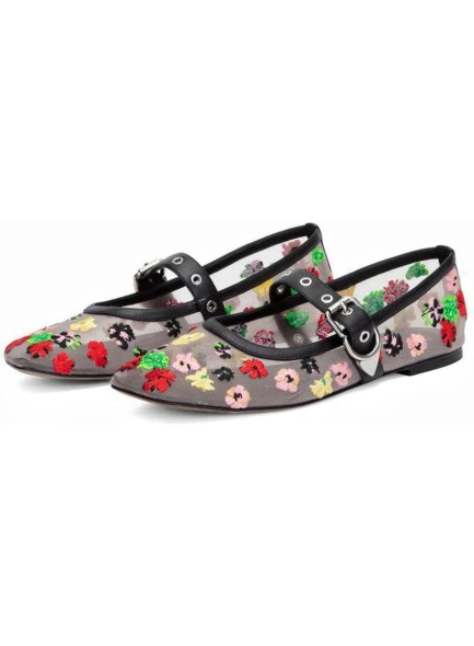 Floral Mesh Shoes for Women Buckle Strap Floral Embroidered Flats
