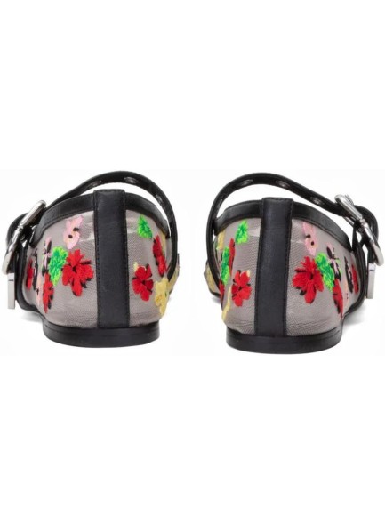 Floral Mesh Shoes for Women Buckle Strap Floral Embroidered Flats