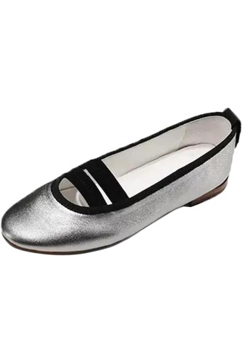 Women Flats Round Toe Slip on Elatic Double Strap Silver Flats 