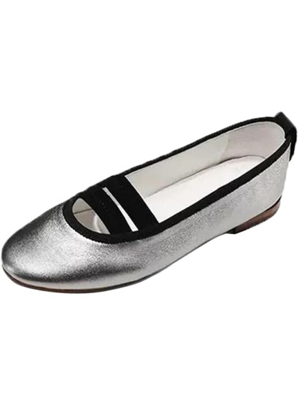 Women Flats Round Toe Slip on Elatic Double Strap Silver Flats
