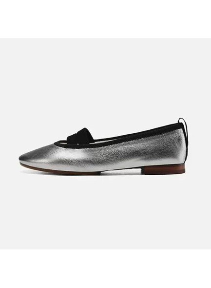 Women Flats Round Toe Slip on Elatic Double Strap Silver Flats