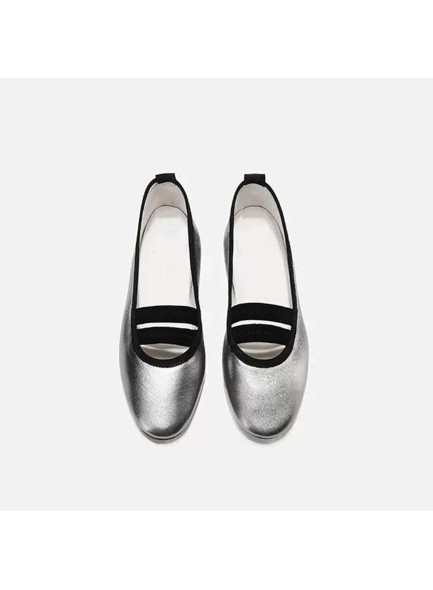 Women Flats Round Toe Slip on Elatic Double Strap Silver Flats
