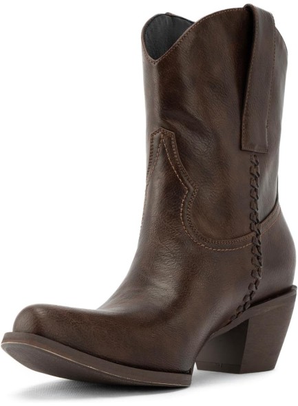 Western Cowboy Boots for Women, Ankle Boots with Round Toe, Woven Cowgirl Boots with Chunky Heel