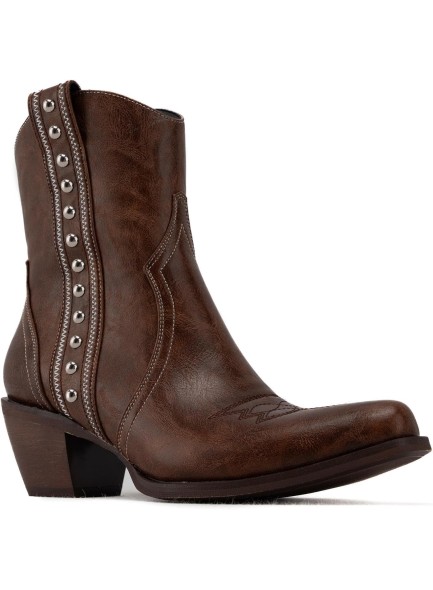 Western Cowboy Boots for Women, Ankle Boots with Round Toe, Studded Cowgirl Boots with Chunky Heel