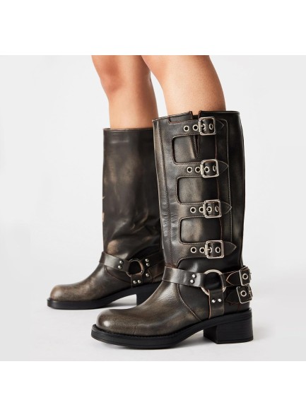 Mid Calf Boots for Women，Combat Boots with Buckle Chunky Heeled Square Toe Biker Boots