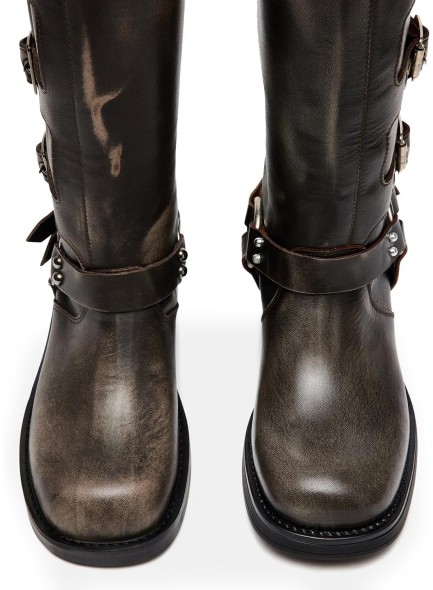 Mid Calf Boots for Women，Combat Boots with Buckle Chunky Heeled Square Toe Biker Boots