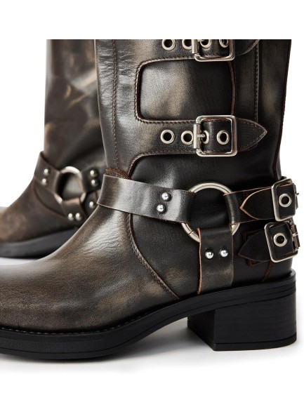 Mid Calf Boots for Women，Combat Boots with Buckle Chunky Heeled Square Toe Biker Boots
